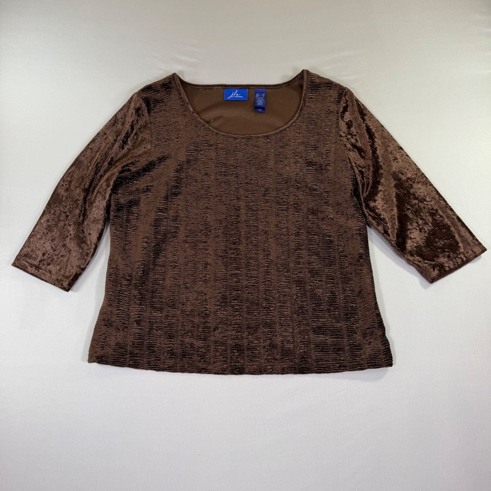 Brown Textured Crushed Velvet 3/4 Sleeve Shirt XL 90s Boho Earthy Fall Chocolate